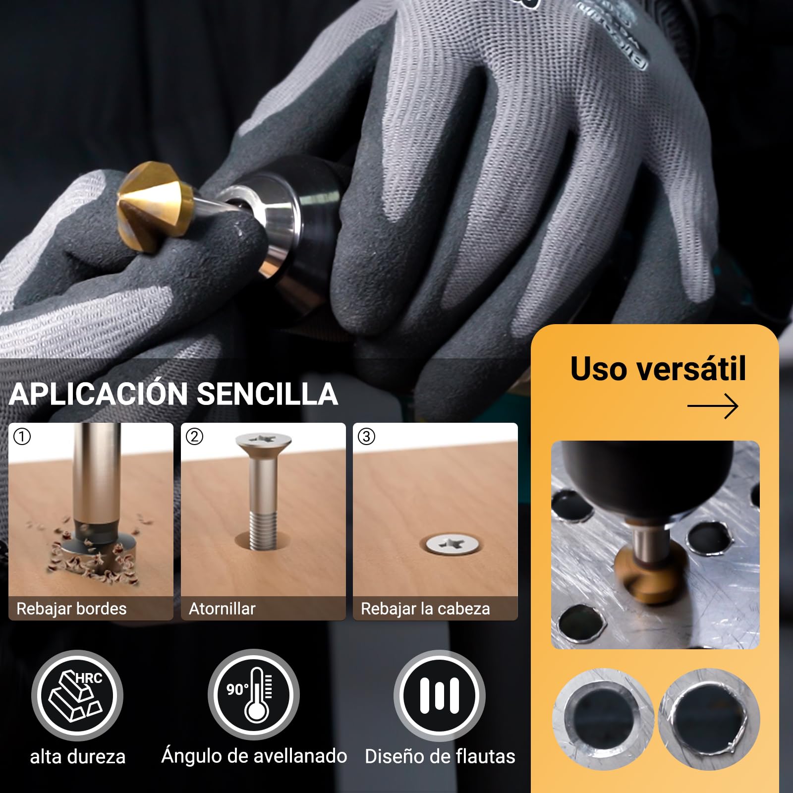 Avellanador Para Metal HSS 6 piezas, 90° Avellanador Madera con recubrimiento de TiN, Ø 6,3-20,5 mm, Broca Aavellanadora Madera para Metal y Plástico