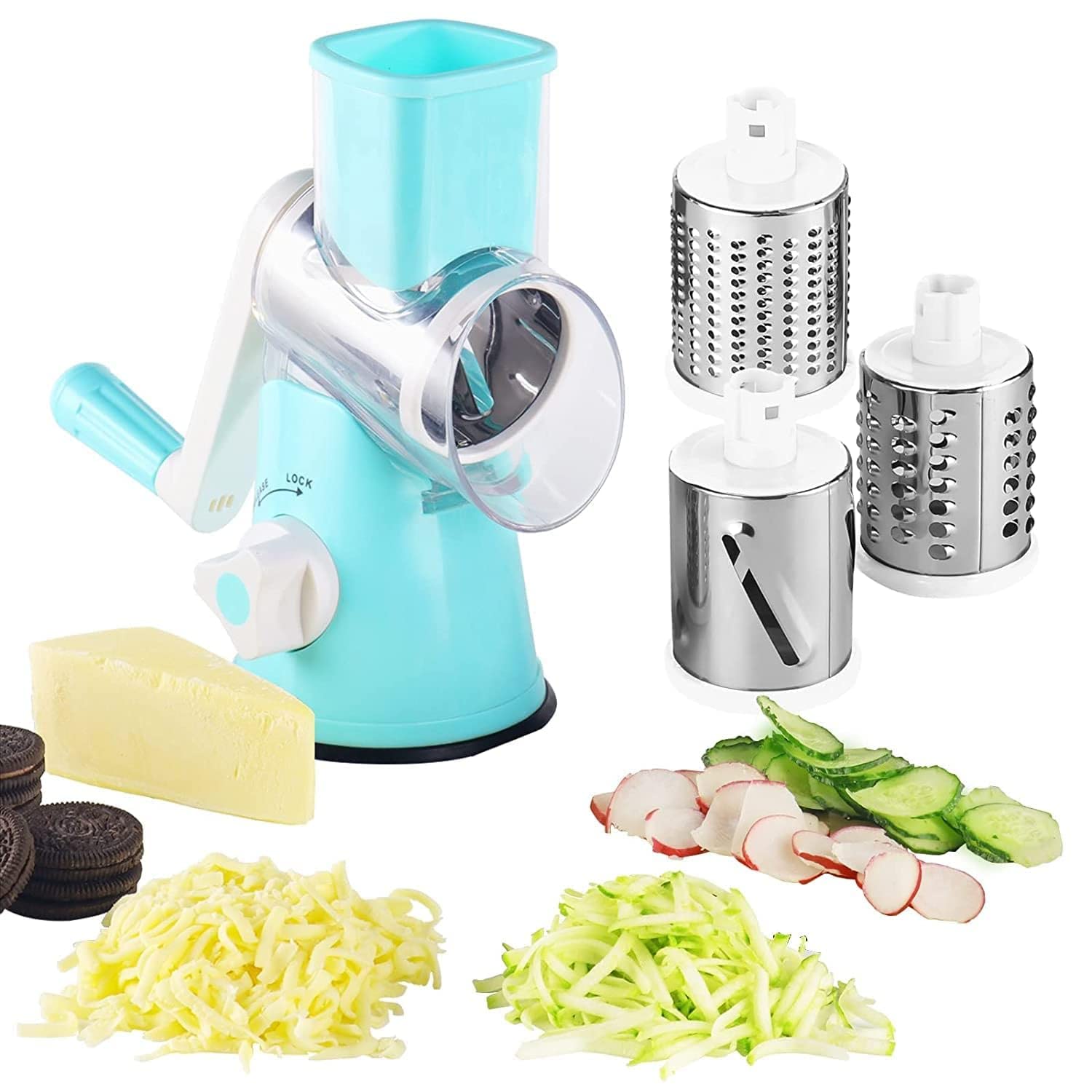 Pheonix Group Plastic Stainless Steel 4 in 1 Multi-Functional Drum Rotary Vegetable Cutter, Shredder, Grater & Slicer | Slicer Dicer with High Speed Rotary Cylinder - (Multicolor)