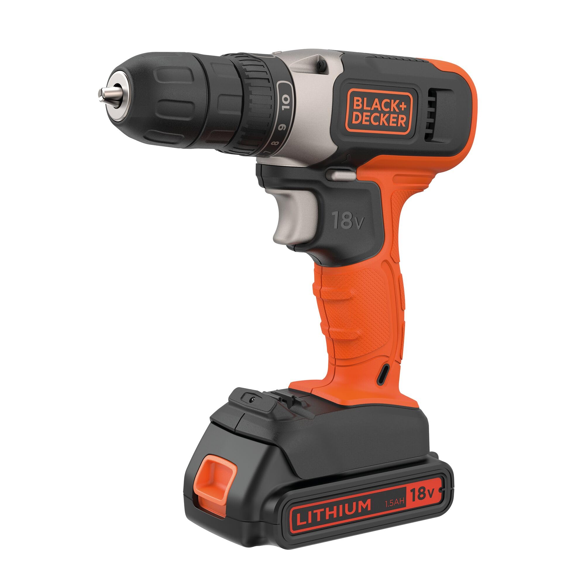 BLACK+DECKER BCD001C1-QW wiertarko-wkrętarka 18 V, akumulator litowy 1,5 Ah, ładowarka, sprzęgło 10 pozycji, zmienna prędkość, uchwyt 10 mm, do majsterkowania w domu