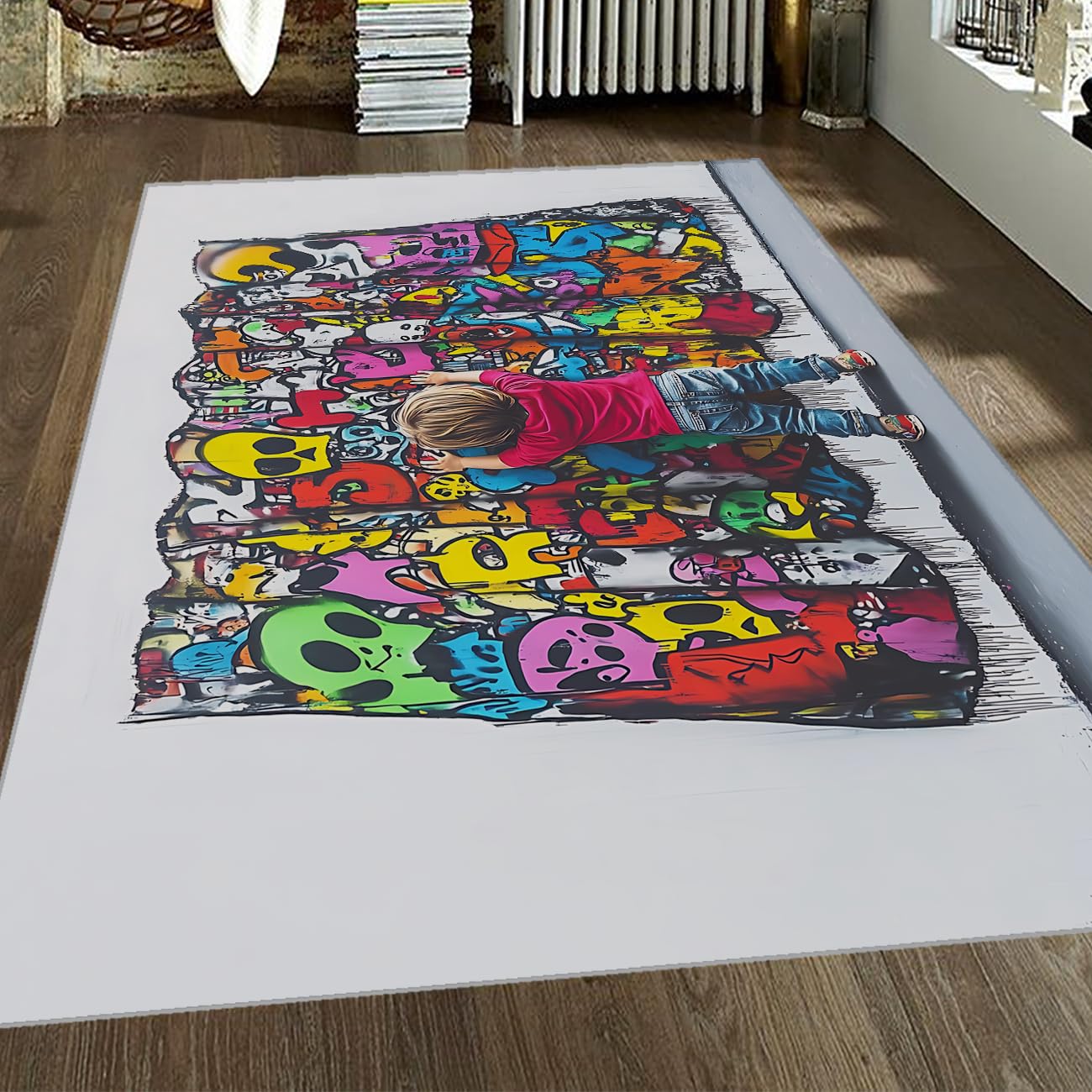 Tapis 140x200cm hippie style graffiti lavable pour le salon et la chambre