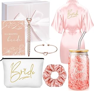 Irenare 8 Pcs Bride Gifts Set for Bridal Shower Bachelorette Party Robe Cup Makeup Bag Bracelet Scrunchies Card Pen Gift Box(Pink)