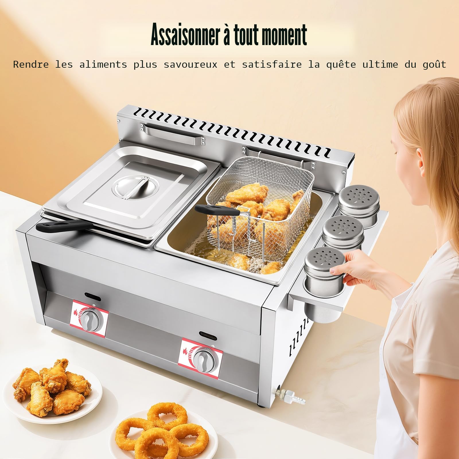 Double Friteuse à gaz avec 2 paniers, Friteuse au propane en acier inoxydable, Plage de température 50-380 °C, Friteuse à gaz avec 3 verres à épices pour les ménages, restaurants, stands de