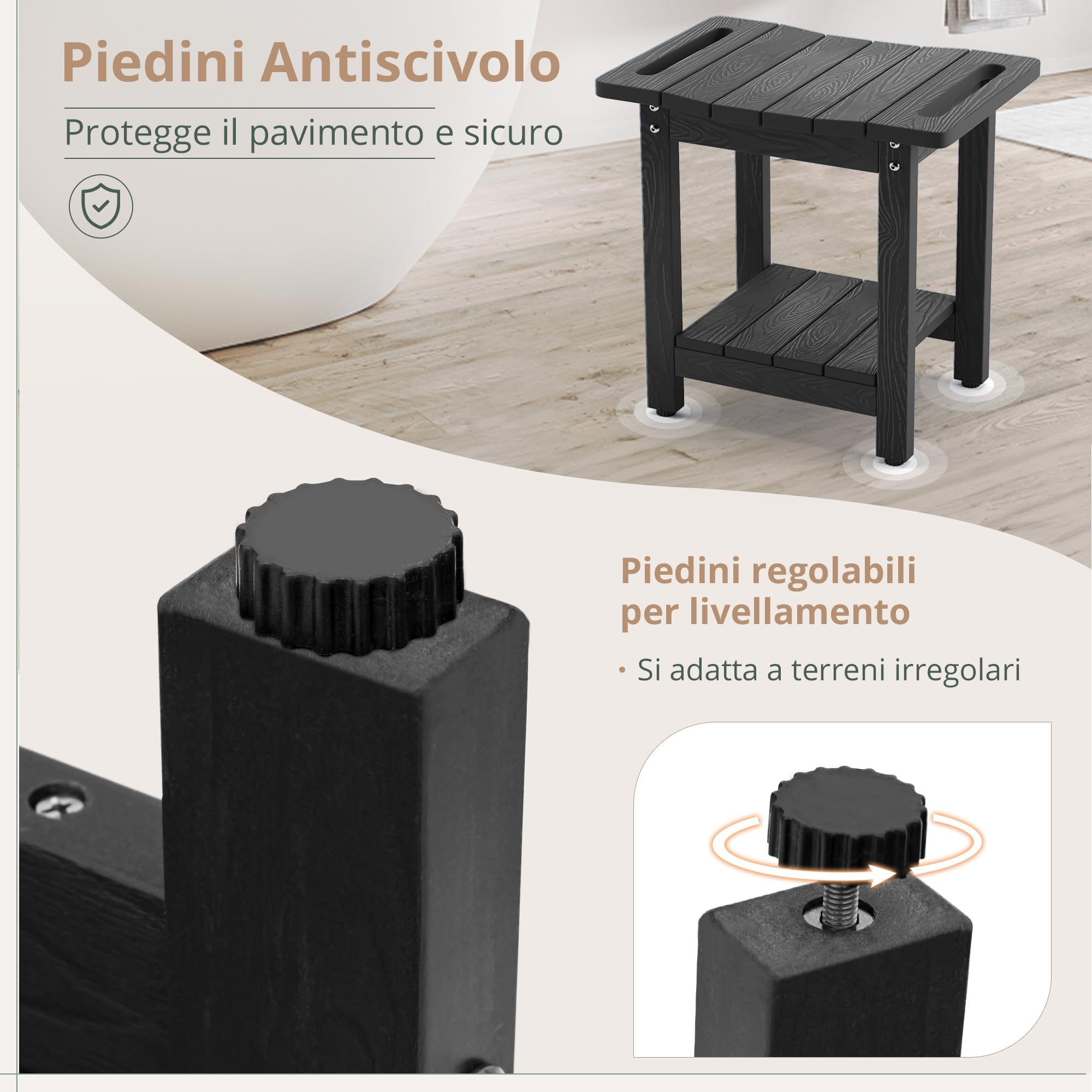 LUE BONA Tabouret de Douche en HDPS, Banc de Salle de Bain Imperméable avec Étagère, Siège Antidérapant pour Douche, Résistant aux Intempéries, Intérieur et Extérieur, Noir
