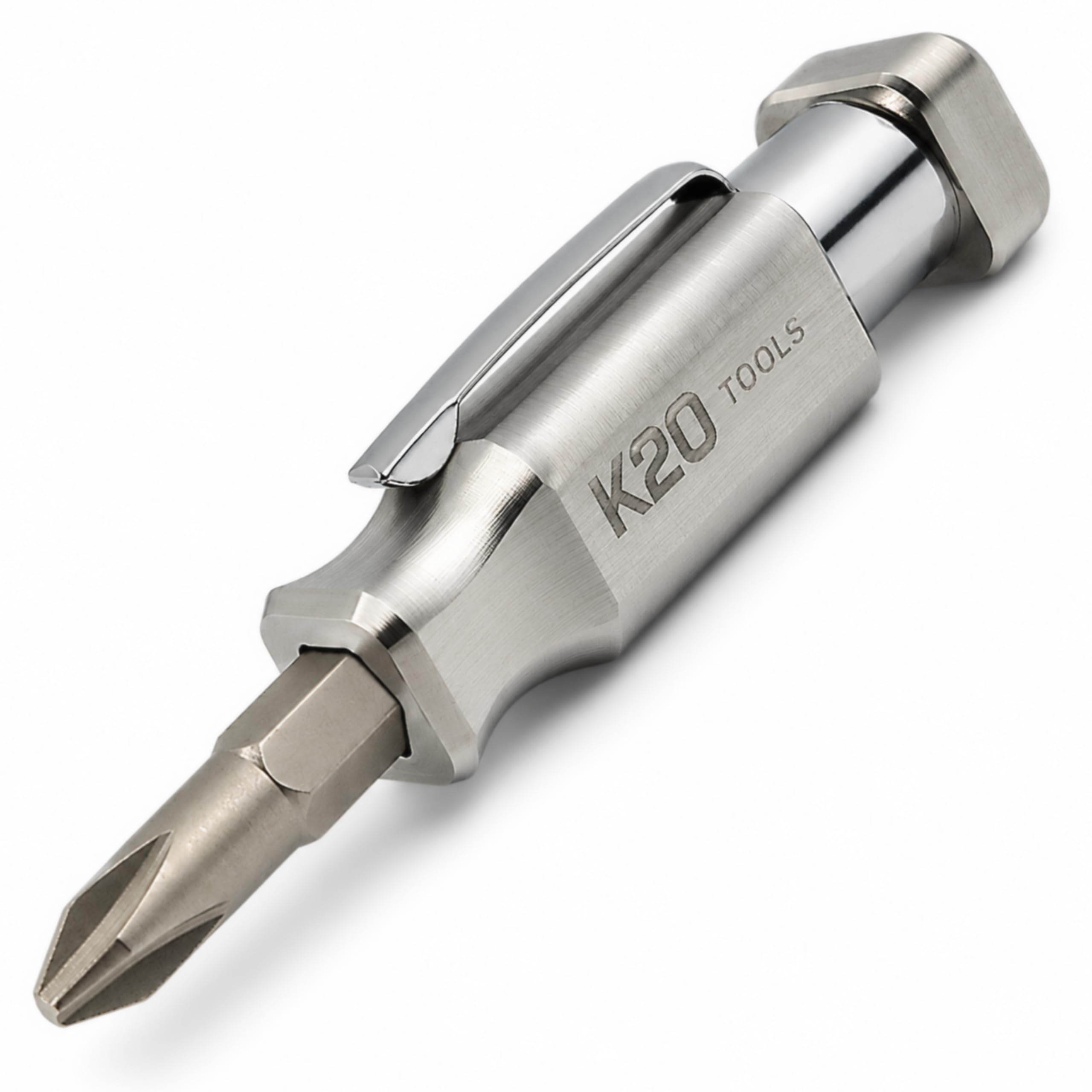 Pocket Screwdriver with Magnet & Clip (Stainless Steel) Double Ended with Phillips, Flat Head