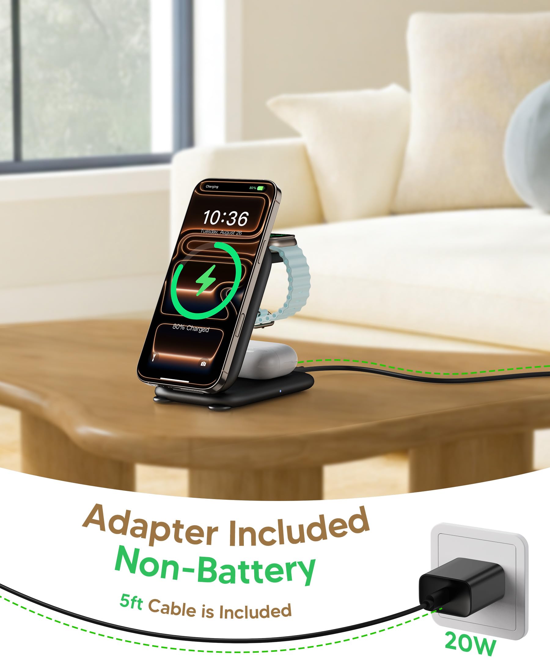 Stazione di ricarica wireless veloce per dispositivi Apple, supporto magnetico 3 in 1 MagSafe per iPhone 17 16 15 14 13 12 Pro Max Plus Air, Apple Watch & Air pod Pro, BK
