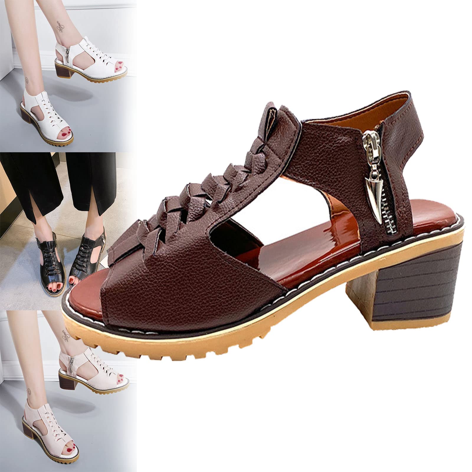 HOPHOHOPHO Libiyi Sandals, Libiyi Women's Comfy Orthotic Sandals, Libiyi Peep Toe Hollow Weave Fish Mouth Zipper Chunky Heel Sandals