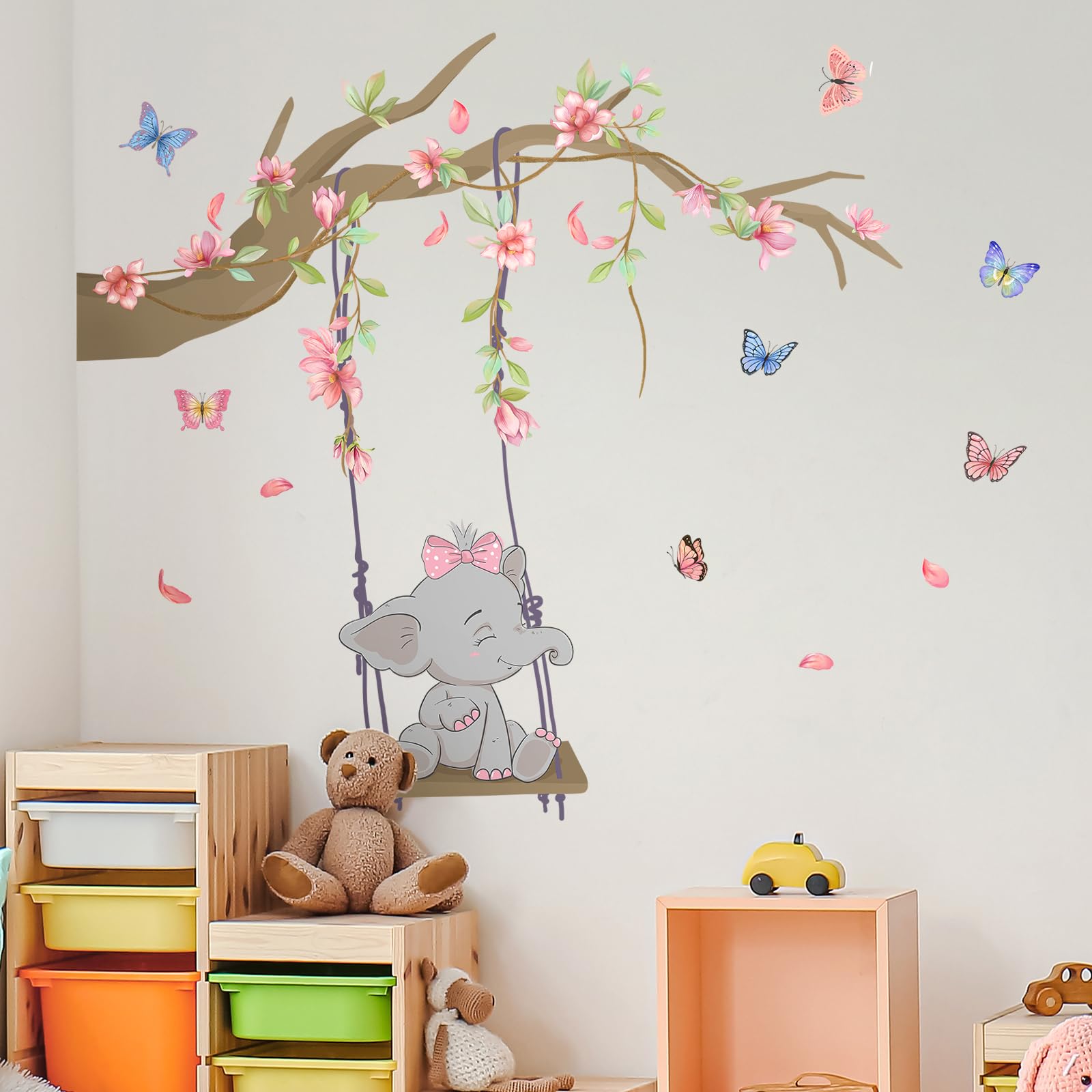 Tanlaby Rosa Columpio Elefante Vinilo Pared, Rama Flores Rosas Mariposas Pegatinas de Pared Caricatura Autoadhesivo Removible Vinilos Decorativos para Dormitorio de Niña Guardería Decoracion Pared