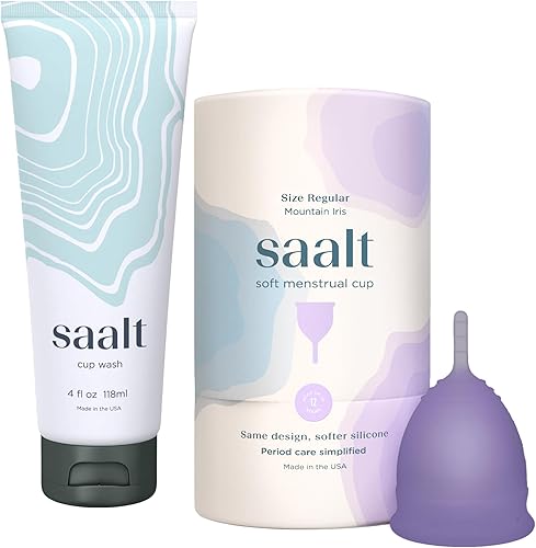 Saalt Paquete de copas suaves para menstraul, reutilizable, suave y reutilizable en lirio de montaña, tamaño regular + saalt Wash que equilibra el