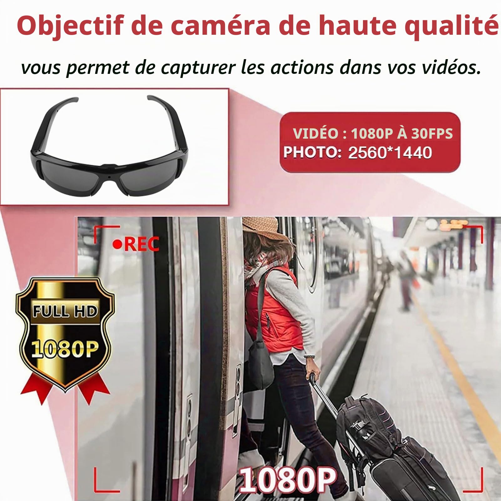 Fockety Lunettes de Soleil de Caméra 1080p, Anti-Angle de L'objectif Grand Angle Sports Lunets de Caméra avec Photo en Un Seul Double
