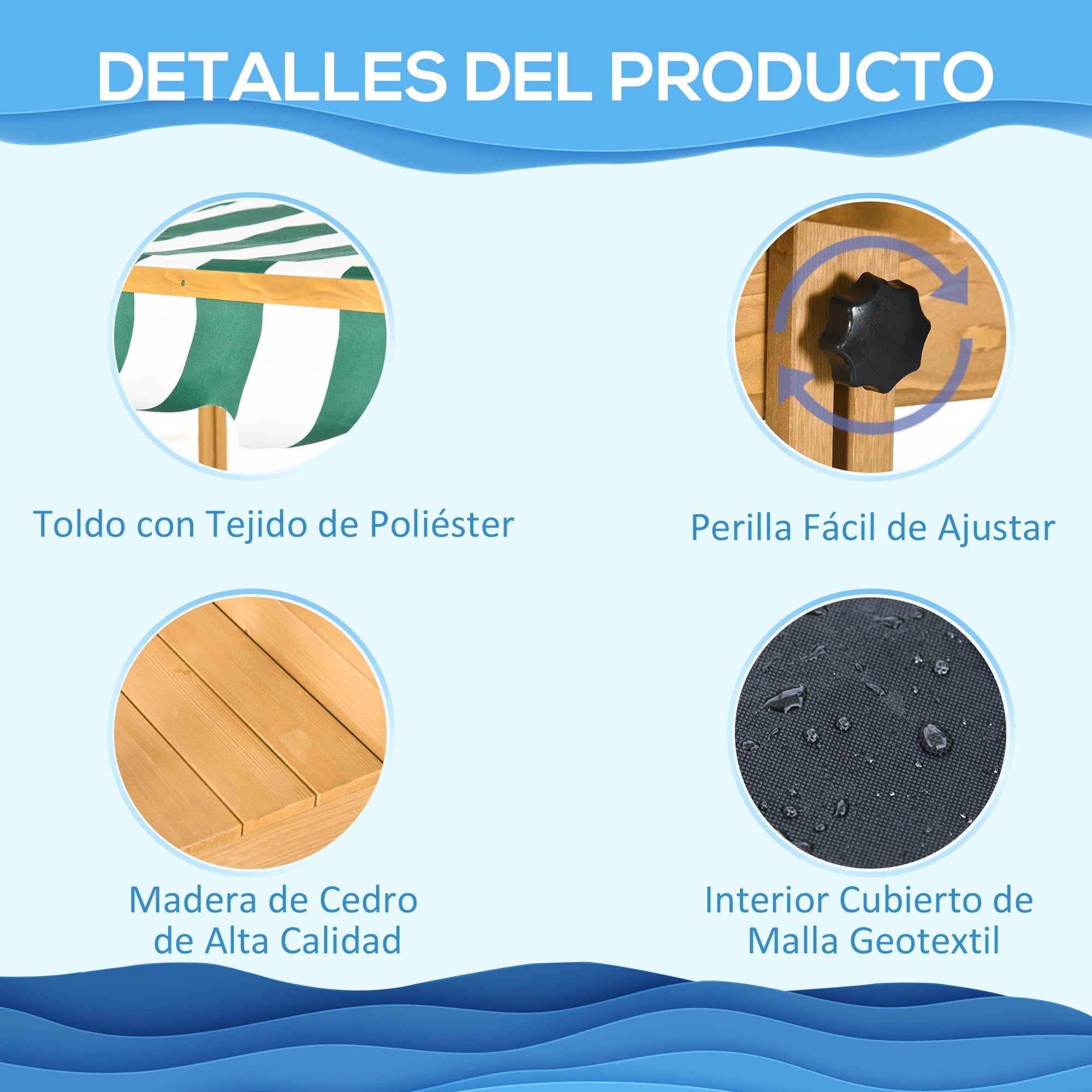 Outsunny Arenero para Niños de Madera Arenero con Toldo Ajustable Respaldos Desmontables y 2 Bancos para Jardín Patio 106x106x121 cm Natural y Rayas Verdes