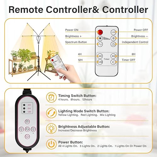 Miniatura 4 de iPower Cultivar plantas de interior, espectro rojo amarillo de 4 cabezas, 3 modos de luz y 10 niveles regulables con control remoto y función de