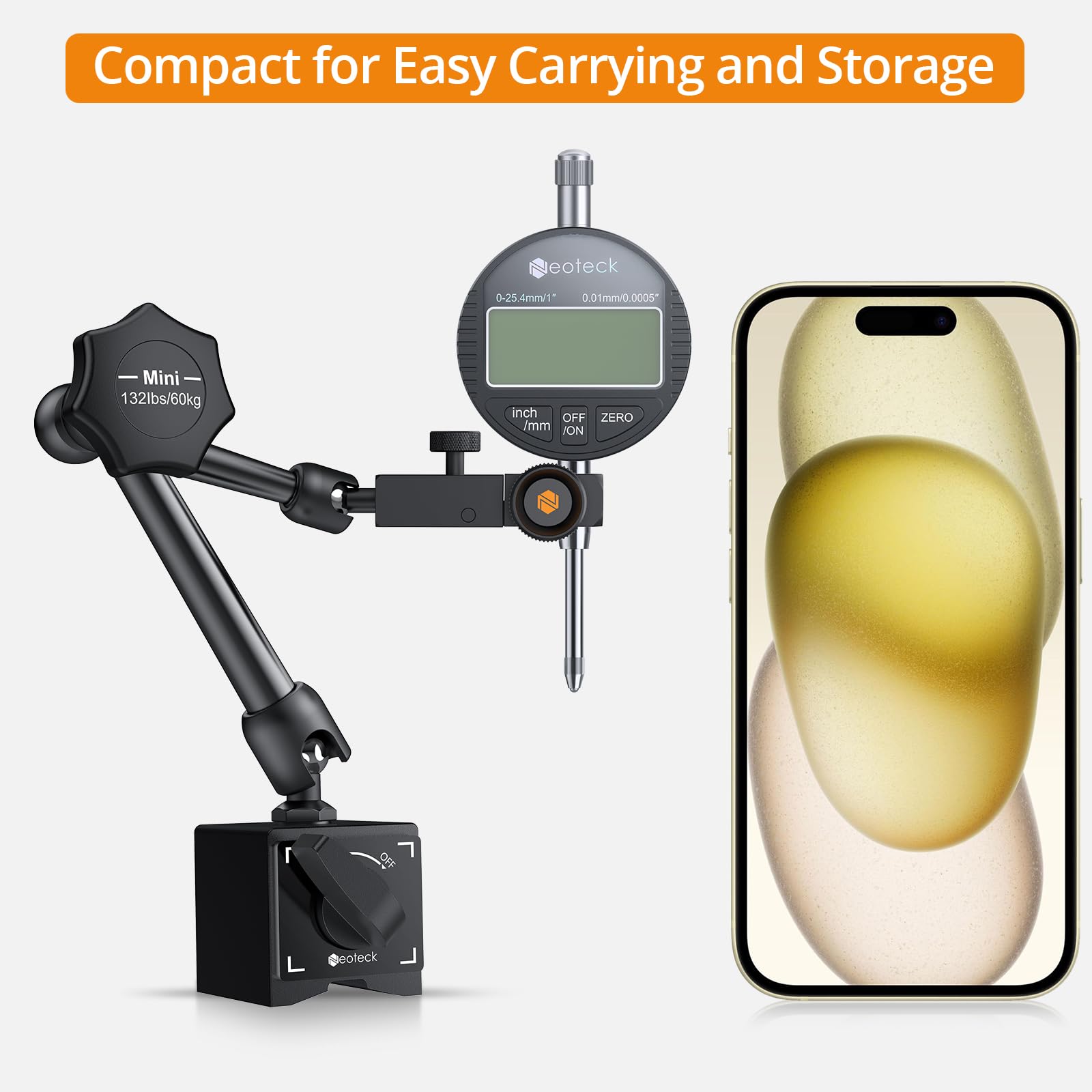 Neoteck Cyfrowy zegar pomiarowy i stopka magnetyczna z zaciskiem centralnym, 0-25,4 mm, przycisk pomiarowy, zacisk centralny, uchwyt pomiarowy 80 kg, maks. siła ciągnąca, do laboratorium, warsztatu