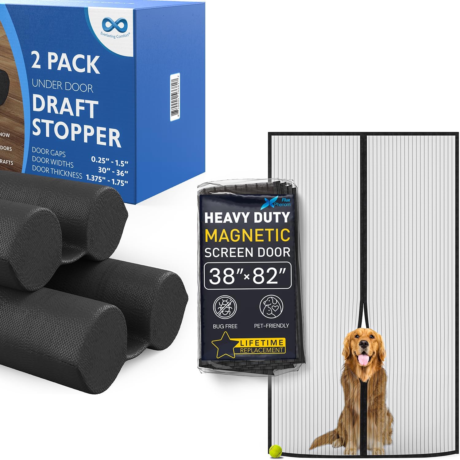 Everlasting Comfort Door Draft Stopper and Flux Phenom Magnetic Screen Door Bundle - Keep Nature Out - Blocking Drafts, Noise, and Lights