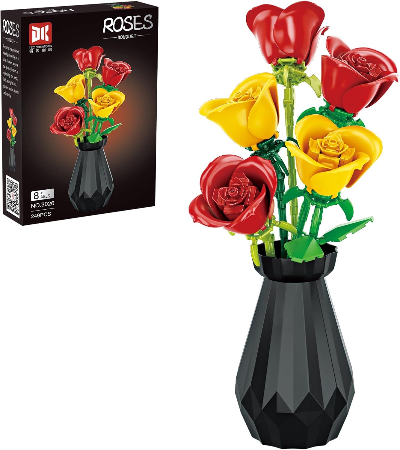 Artificial Flower Bouquet Building Set for Adult,Mini Plant Bonsai Tree Friend Set,Botanical Collection Gift for Kid,Roses Building Blocks with Vase,Birthday Gift for Girl Mom Women Wife