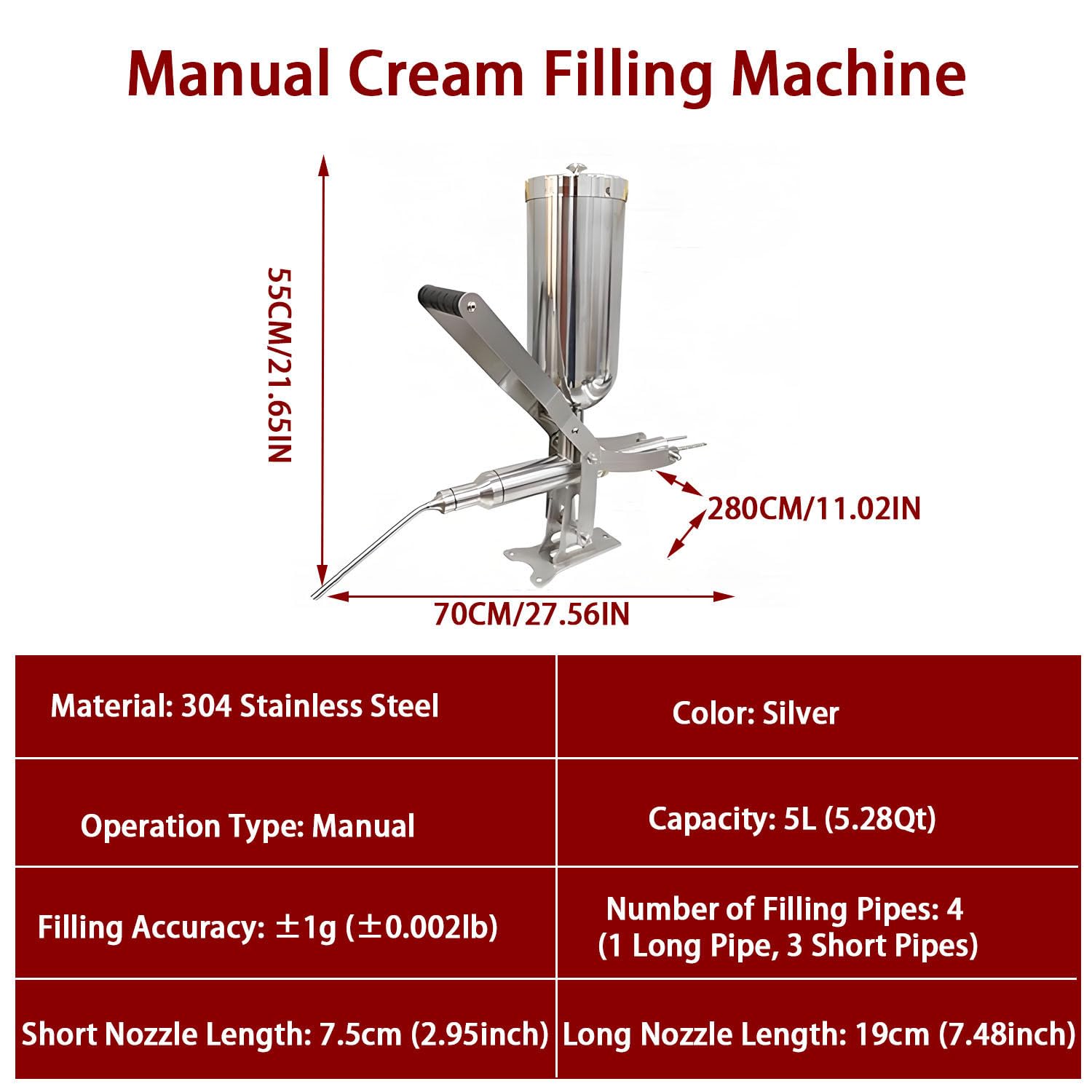 Máquina Manual para Rellenar donas, máquina Comercial para Rellenar donas, con 1 Boquilla Larga y 3 boquillas Cortas, precisión de llenado ±1 g, para restaurantes, cafeterías y panaderías.