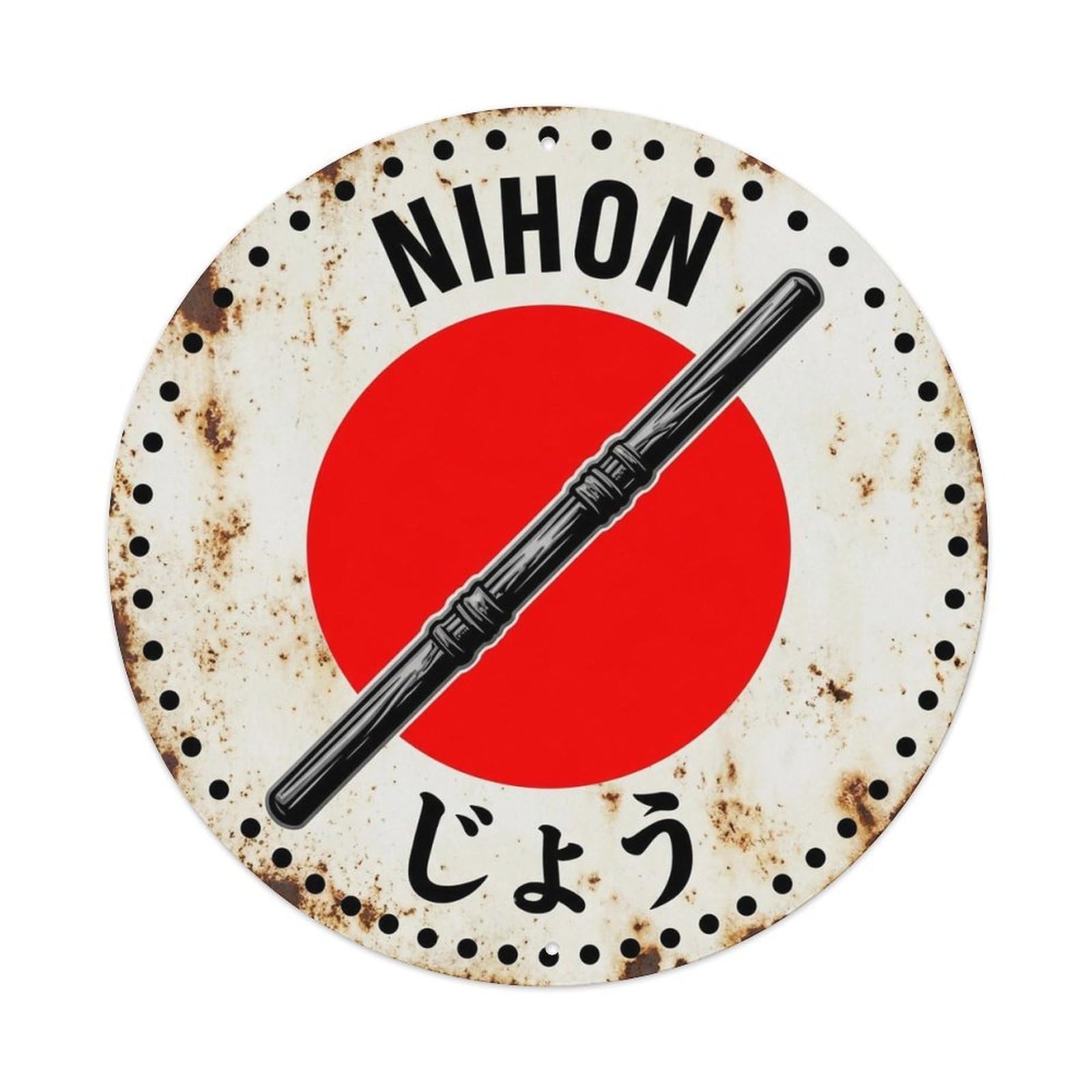 Jo Stick Nihon Short Staff Japanese Folk Badge Motif Metal Tin Sign Plaque Wall Decor for Cafe, Man Cave, Club Bar, Office, Home Garden Round Metal Poster 8x8Inch