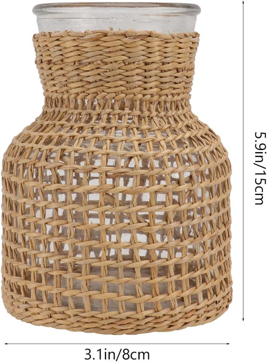 Decorative Glass Vase Rustic Rattan Vase Pot Planter Flower Container Rattan Weave Glass Bottle Wedding Centerpiece Table Decoration
