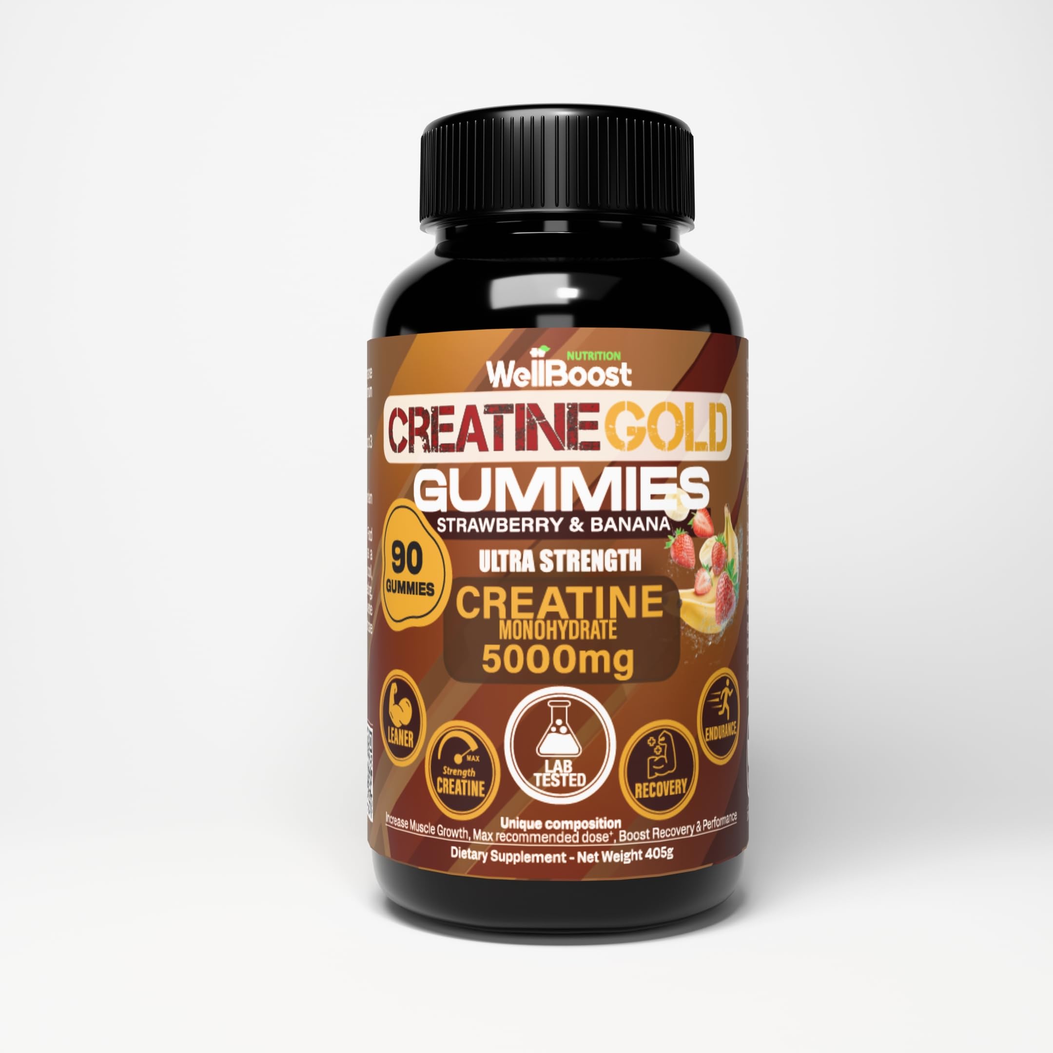 WellBoostCreatine Gold – 5000mg Creatine Monohydrate, Vegan, Sugar-Free Gummies for Lean Muscle Growth, Endurance, Recovery & Energy (1 Month Supply) in Starwberry and Banana Flavour.