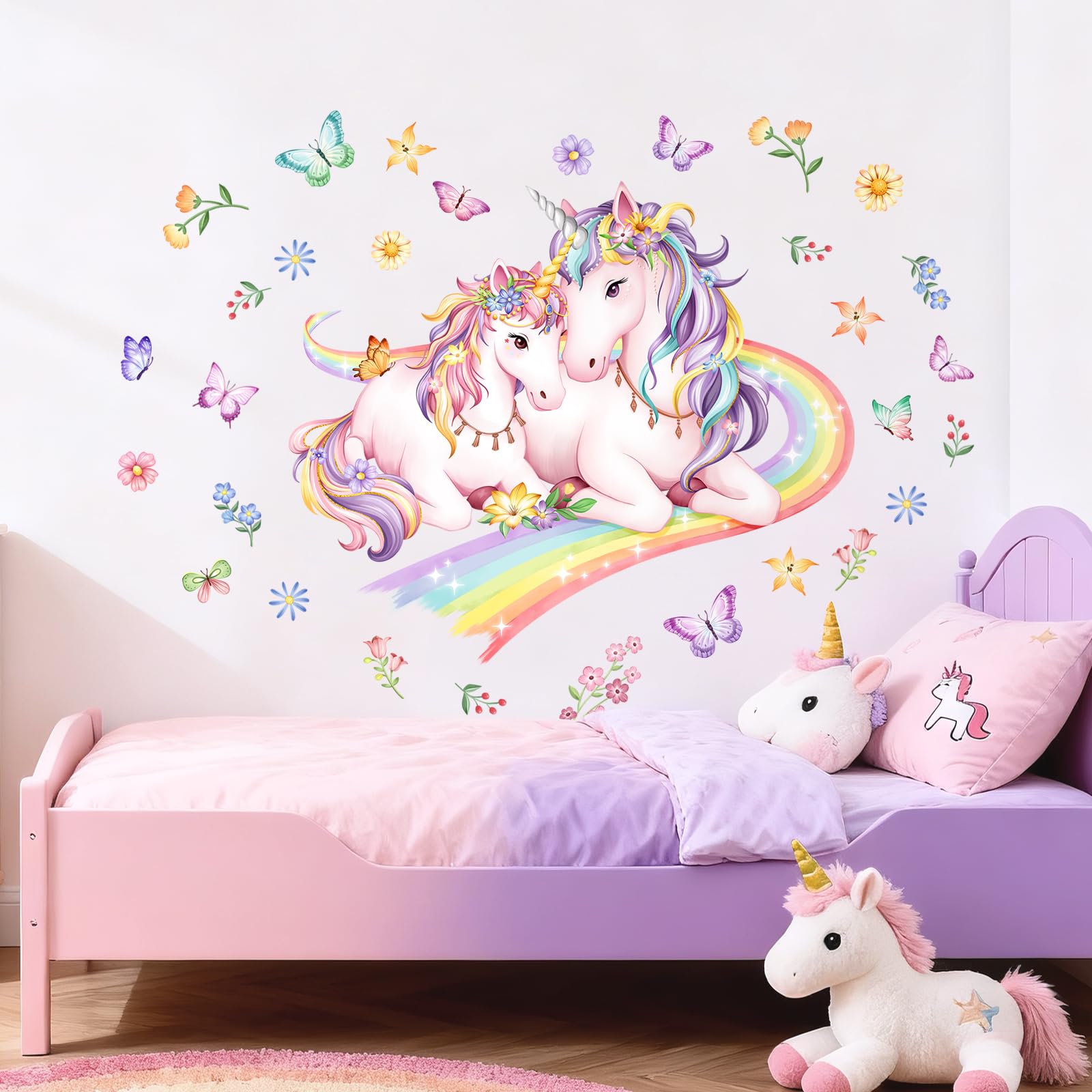 Tanlaby Sticker Muraux Licorne Arc-en-ciel Autocollant Muraux Fleur Papillons Sticker Murale Enfants Autocollants Mural à Décoller et Coller pour Fille Chambre Enfants Bébé Pépinière