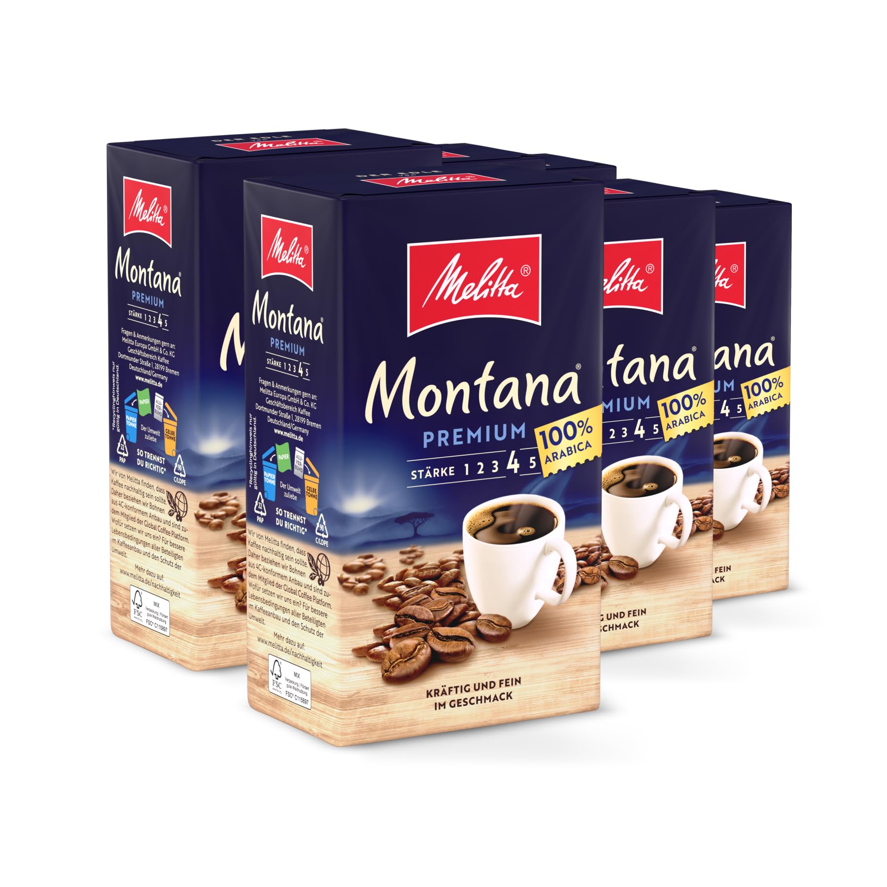 Melitta Montana Premium filtrowana kawa 6 x 500 g, mielona, w proszku do ekspresów do kawy, 100% Arabica, mocne palenie, palona w Niemczech, w tacce