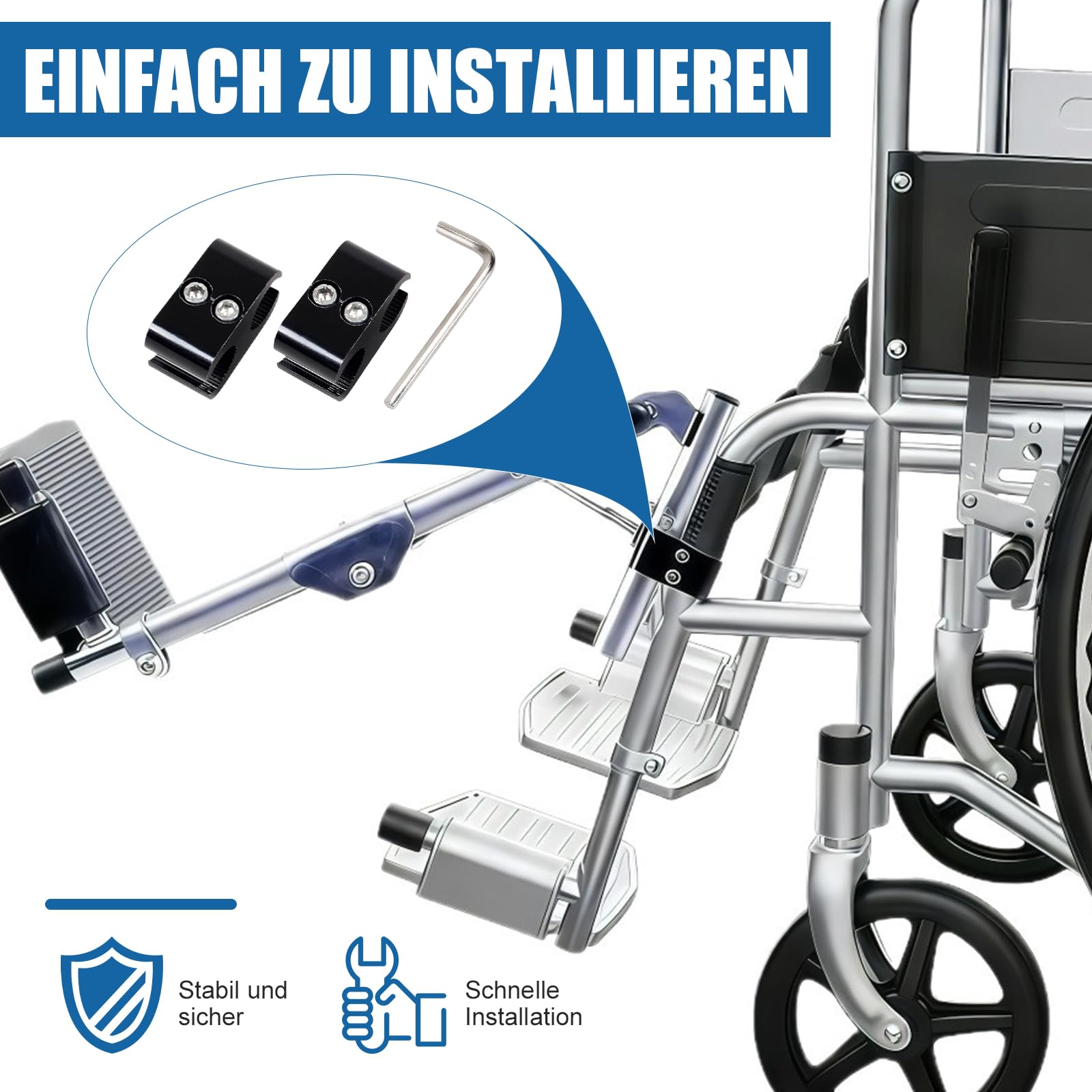 Zestaw 2 regulowanych podnóżków do wózków inwalidzkich, regulacja wysokości 40-47 cm, regulacja kąta 90° – 180°, do większości komponentów wózków inwalidzkich i pracowników opieki