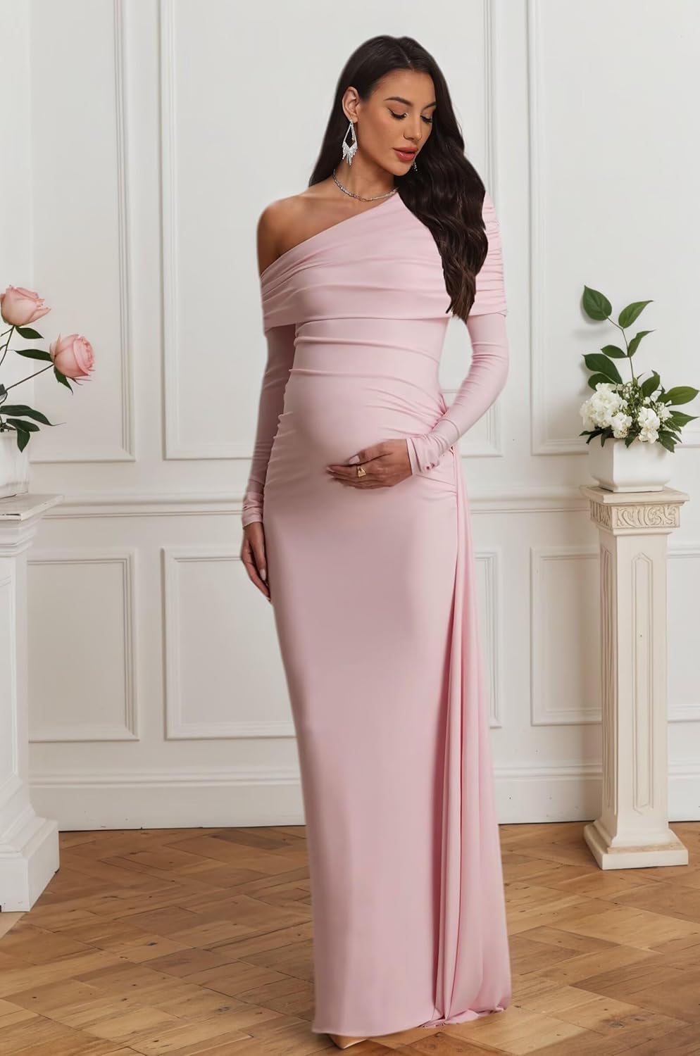 Womens One Shoulder Maternity Dresses for Photoshoot Mermaid Long Sleeve Baby Shower Dress Photography
