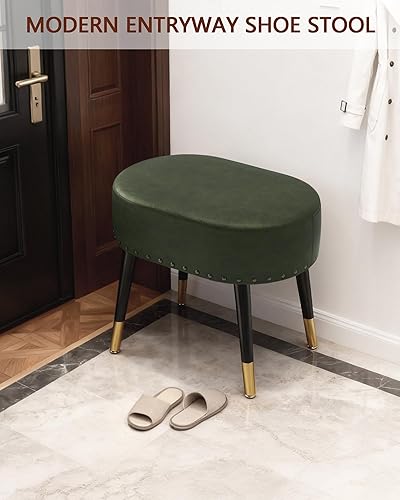 Miniatura 5 de Taburete de tocador para maquillaje, reposapiés ovalado de piel sintética, banco otomano con remaches vintage con patas de metal, taburete de