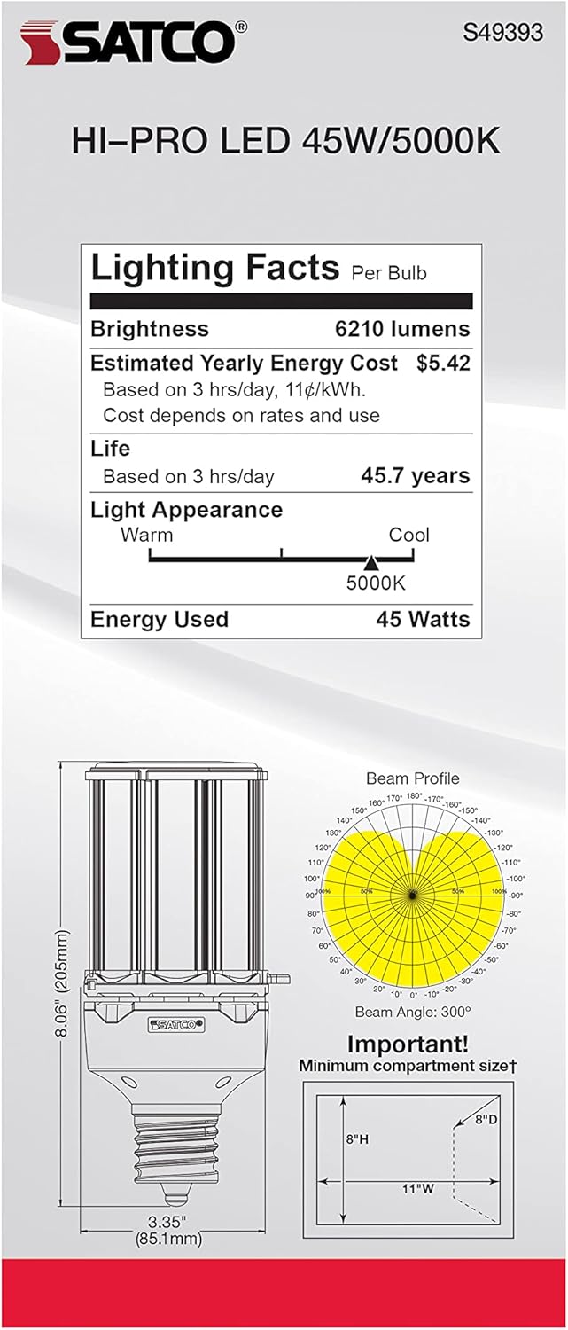 Satco S49393 LED Corncob Light Bulb, Mogul Extended Base, 45W, 35000 Hour Rating, 6210L, Natural Light