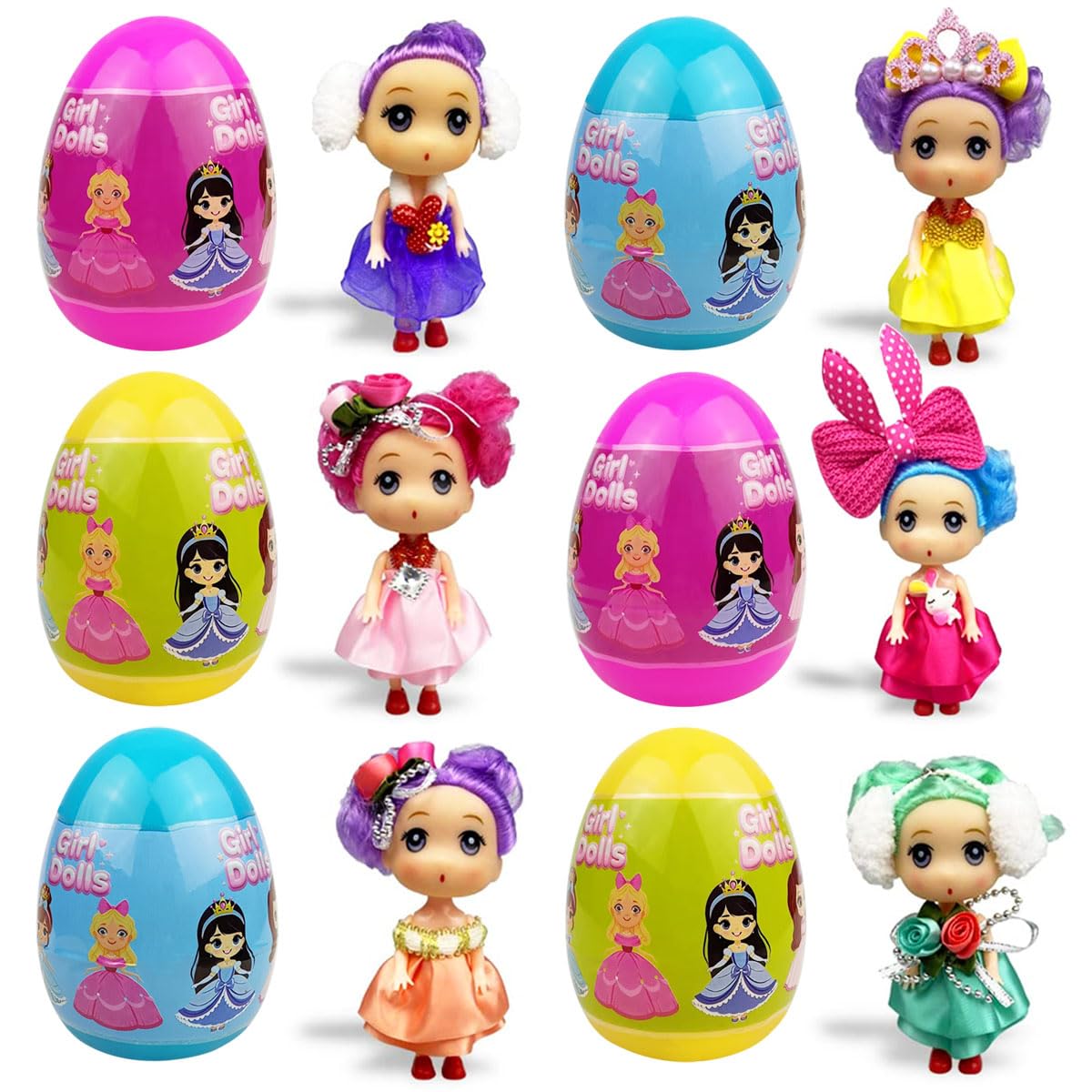 6 Pack Prefilled Jumbo Easter Eggs with Girl Doll Toys Inside for Kids Girls Boys Easter Basket Stuffers Gifts Party Favors