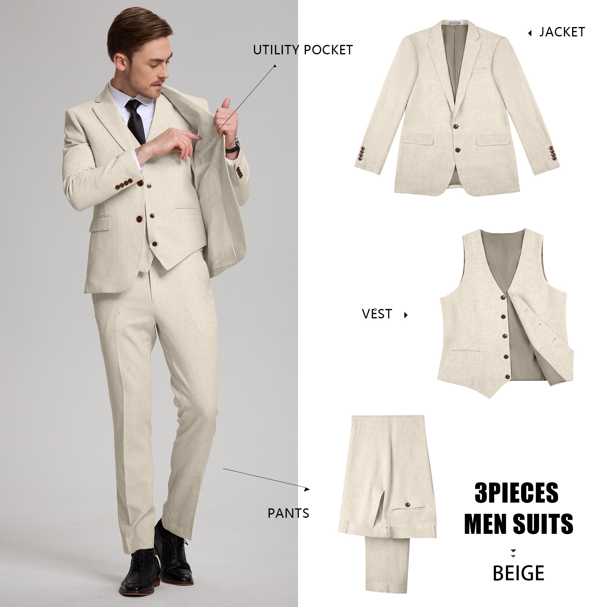 Completo da uomo in lino, 3 pezzi, slim fit, per spiaggia, matrimonio, formale, lavoro, sposo, ballo scolastico, set di abiti