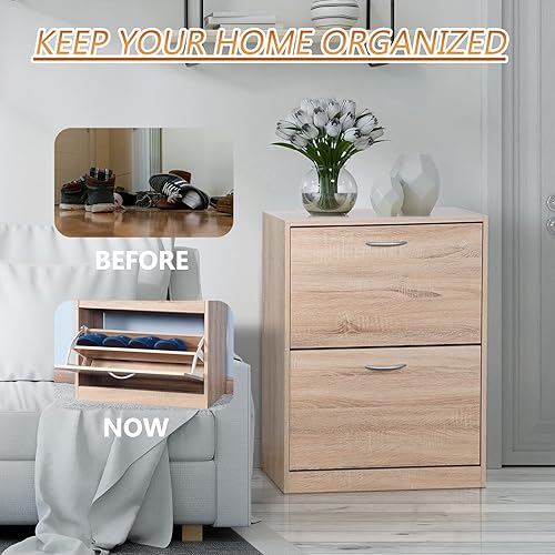 Miniatura 6 de SSLine Zapatero de ratán con 2 cajones abatibles, organizador de almacenamiento de zapatos con doble capa, armario estrecho de almacenamiento de