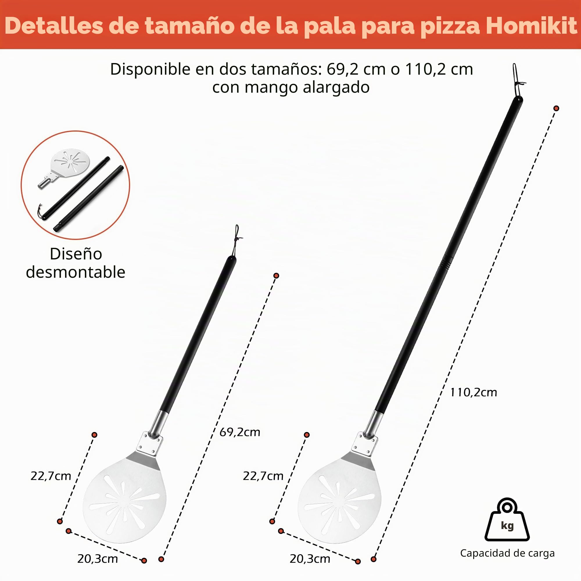 Homikit Pala para pizza, pala perforada de acero inoxidable de 20 x 22,7 x 85 cm con mango extraíble, pala redonda para pizza para facilitar el deslizamiento sobre la piedra de la pizza