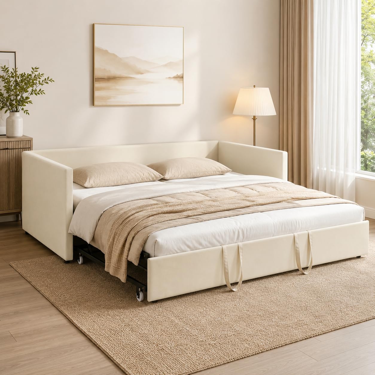 Sofá Cama Extensible 90/180x200 cm, Sofa Camas Convertible con Somier de Láminas, Cama de día Extensible a Camas Doble, Tejido Aterciopelado, Sin Colchón