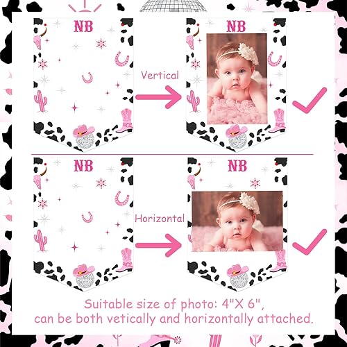 Miniatura 6 de Pancarta de fotos de 1er cumpleaños de vaquera espacial rosa para niñas, guirnalda de fotos mensual de discoteca occidental, guirnalda de banderines