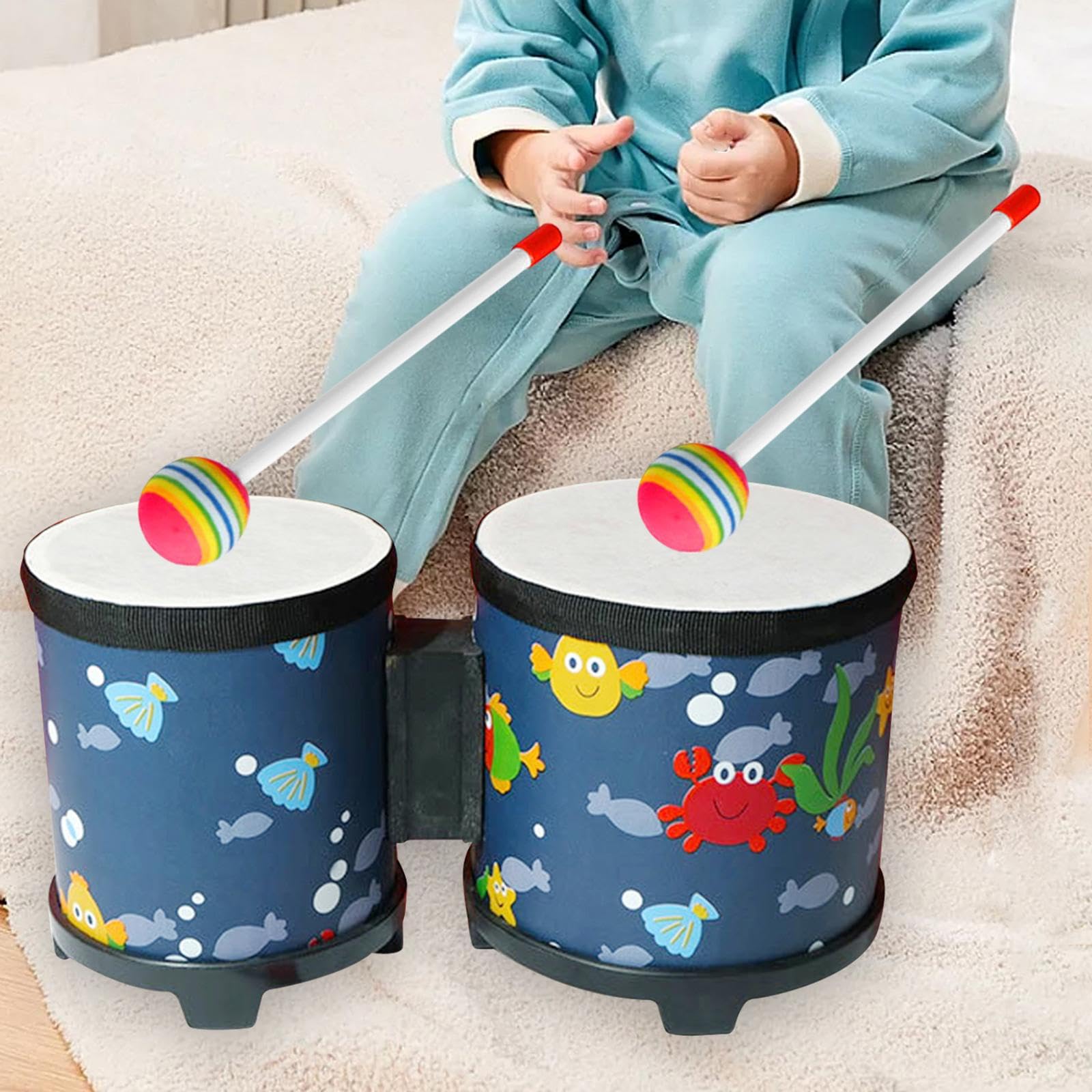 Bongo Drum Set Strumento Percussione Tamburo Musicale Ritmiche Legno Handmade Suono Portatile Adatto per Bambini Adulti Principianti Profession, oceano