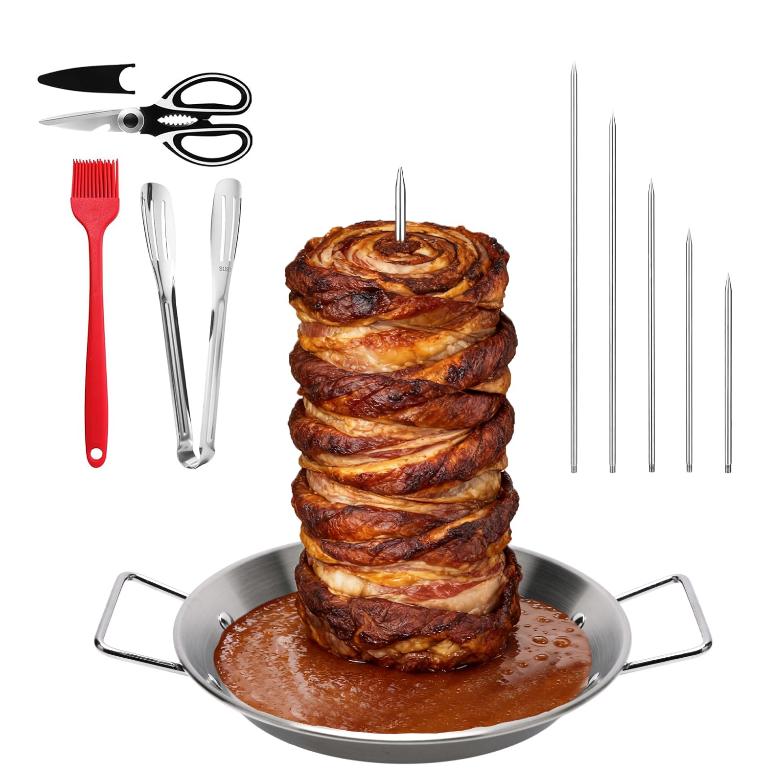 Al Pastor Skewer for Grill, Stainless Steel Vertical Skewer with 10 Inch Base Pan, 5 Replacement Spikes, 1 Brush, 1 Clip, 1 Scissors, for Steak, Chicken, Fish, Turkey Kebab