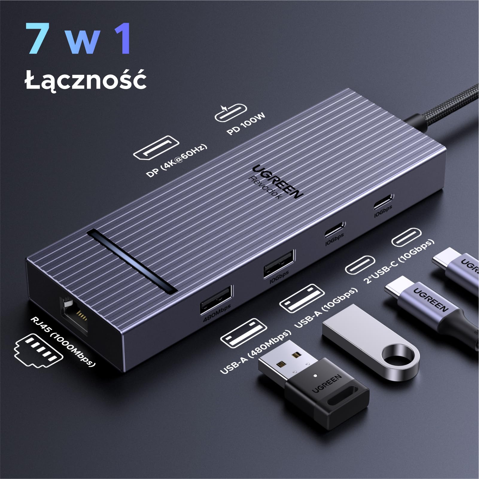 UGREEN USB C Hub z DisplayPort 4K 60Hz, stacja dokująca z USB 3.2 10 Gb/s | DP 4K@60Hz, RJ45 Ethernet, PD 100 W, adapter wieloportowy kompatybilny z MacBook, iPad Pro, laptop Surface itp.