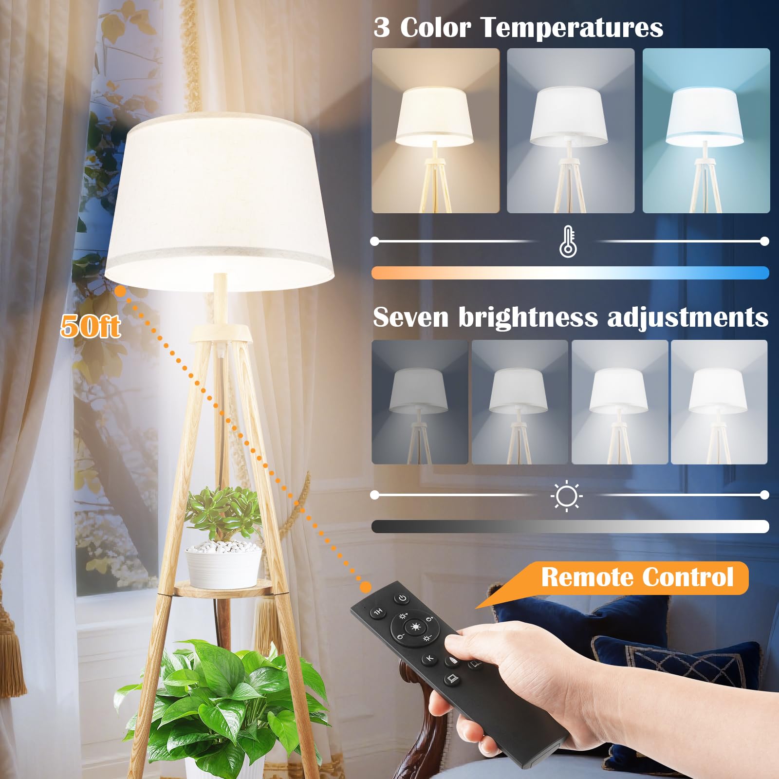 Lampadaire LED en Bois Réglable avec Télécommande, 3 Tons, Minuterie 1H, Interrupteur Pied