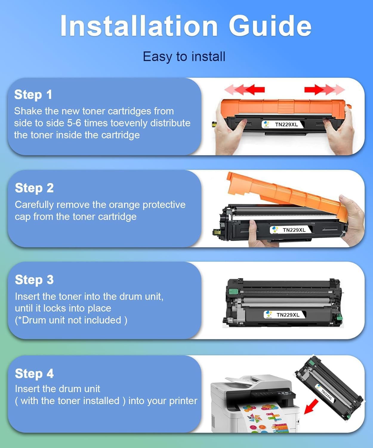 TN229XL Toner Cartridges 4 Pack with Chip Replacement for Brother TN229 TN229XL 229XL Toner Comptiable with Brother MFC-L3780CDW HL-L3280CDW MFC-L3720CDW HL-L3220CDW HL-L3300CDW HL-L3295CDW Printer