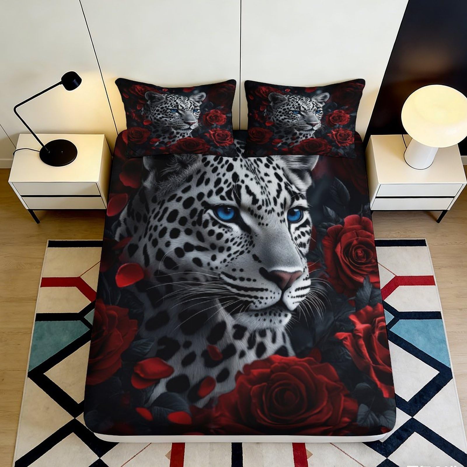3D Printed Leopard Rose Fitted Sheet Microfiber Deep Pocket Non-Slip Leopard Rose Mattress Fitted Cover Wrap Washable 160x200x25cm
