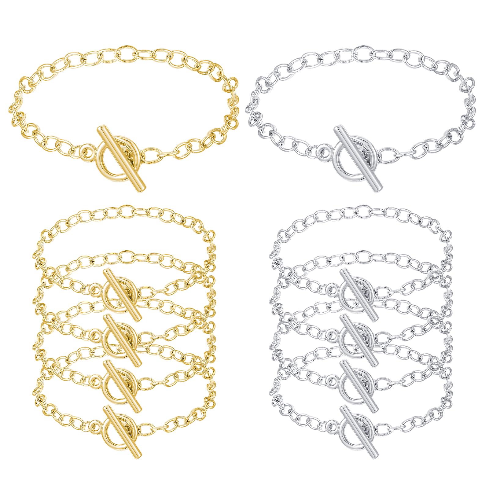 10Pack Bracelet Chains for Jewelry Making 7.6" Gold & Silver Chain for Jewelry Making with OT Buckle Link Round Link Chain Bracelet for Women DIY Gifts