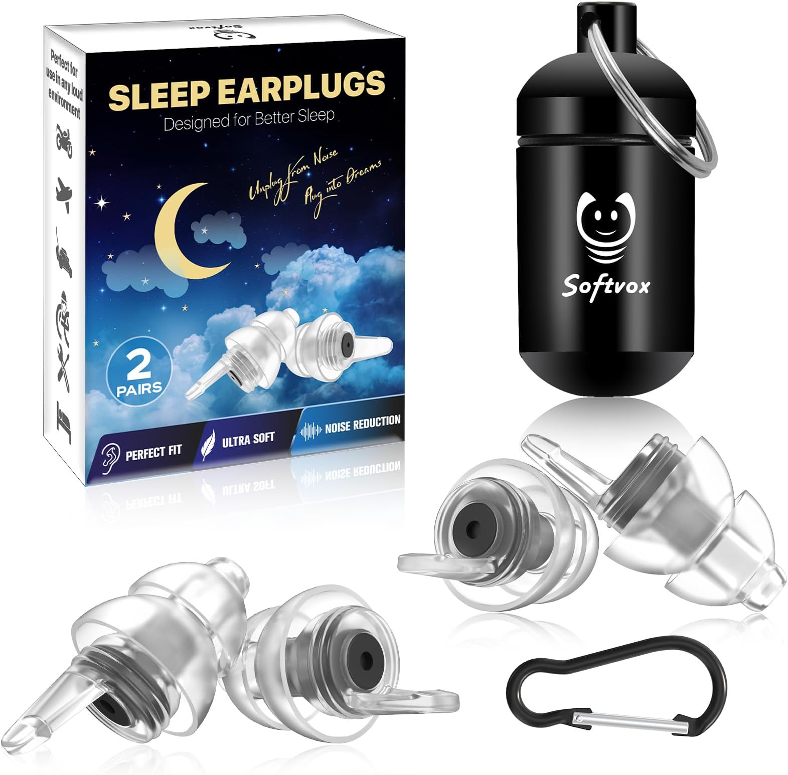 Ear Plugs for Sleeping 2 Pairs, Ultra-Comfy Reusable Small Earplugs for Sleep, Travel, Focus, Side Sleepers, Snoring - 27 dB Soundproof Noise Cancelling Silicone Hearing Protection