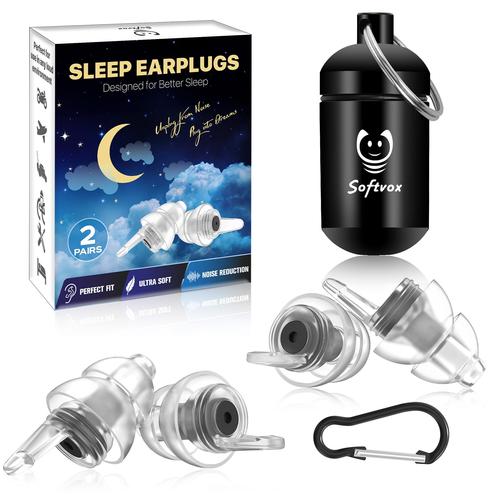 Ear Plugs for Sleeping 2 Pairs, Ultra-Comfy Reusable Small Earplugs for Sleep, Travel, Focus, Side Sleepers, Snoring - 27 dB Soundproof Noise Cancelling Silicone Hearing Protection
