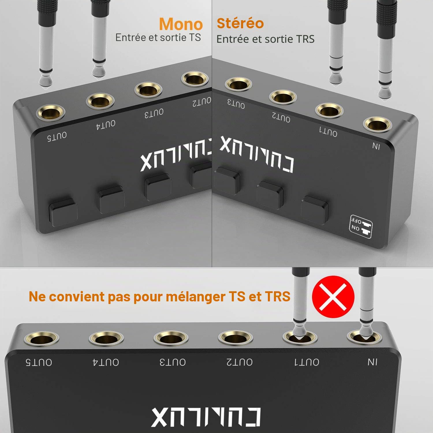 Cubilux Répartiteur Audio Stéréo 6,35mm 5 Voies avec Interrupteur, Boîtier Passif Multi AUX 1/4” TRS pour Casque, Enceinte, Guitare, Clavier, Pédale, Studio ou Scène
