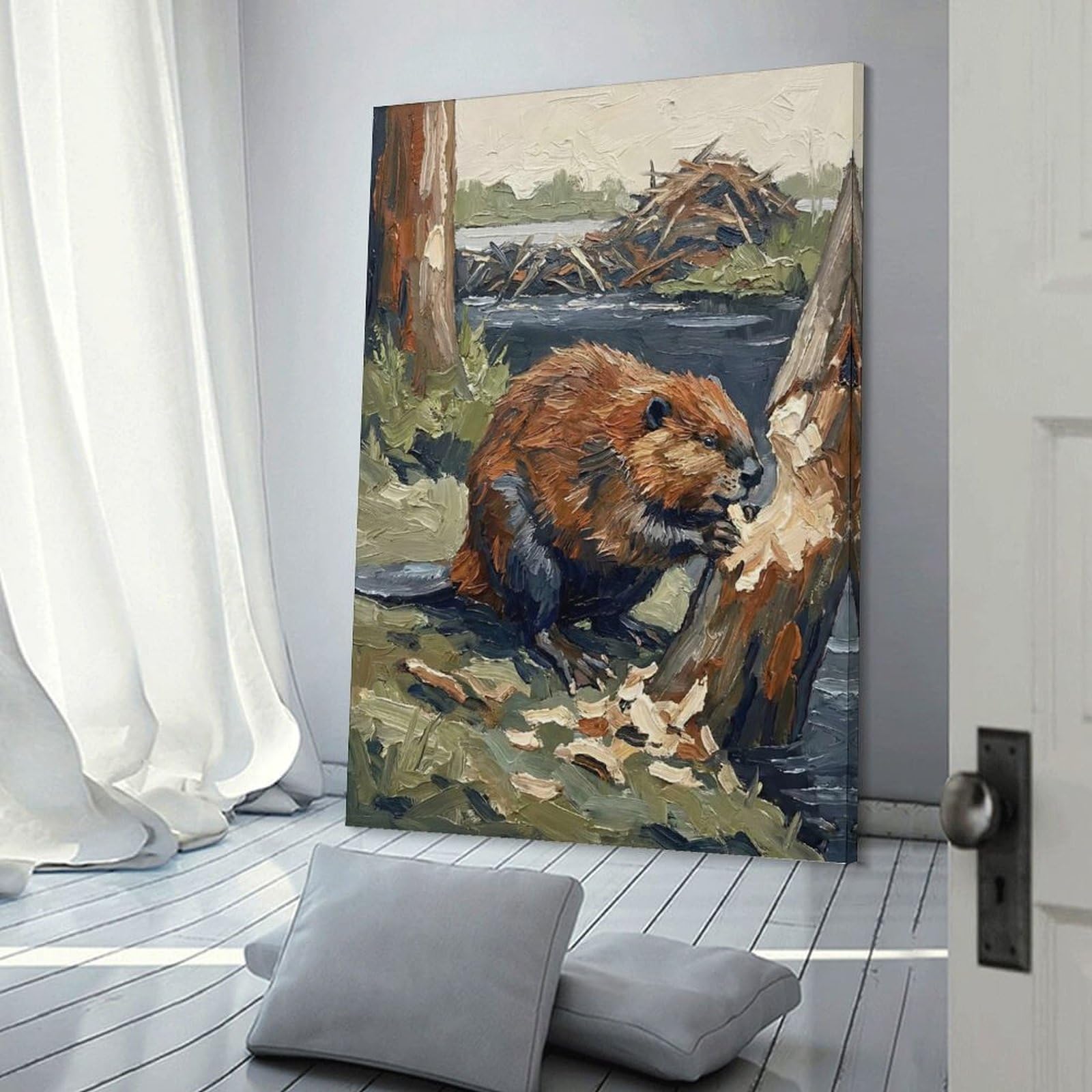 Junmoney Beaver Gnawing on A Tree Trunk Room Decor Wall Art, 08x12inch(20x30cm), for Living Room, Lounge Or Sitting Room, A Home Accent with Warm Character