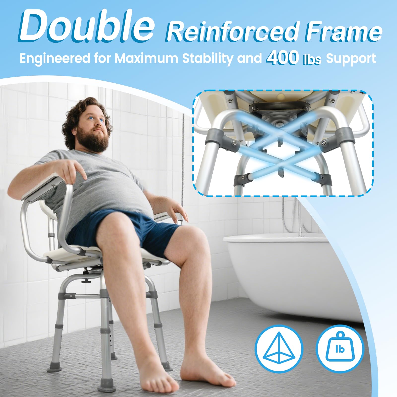 Silla de ducha de 360 grados para ducha interior con brazos y respaldo, asiento de baño de seguridad ajustable en altura, taburete de ducha resistente para ancianos, discapacitados y discapacitados