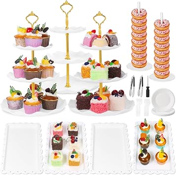 9 PCS Cupcake Stand Set, White Plastic Dessert Table Display Set with 3 Tired Cake Display Stands, Appetizer Trays, Donut Holder Stand, Treat Table Displays Set for Birthday Baby Shower Wedding Decor