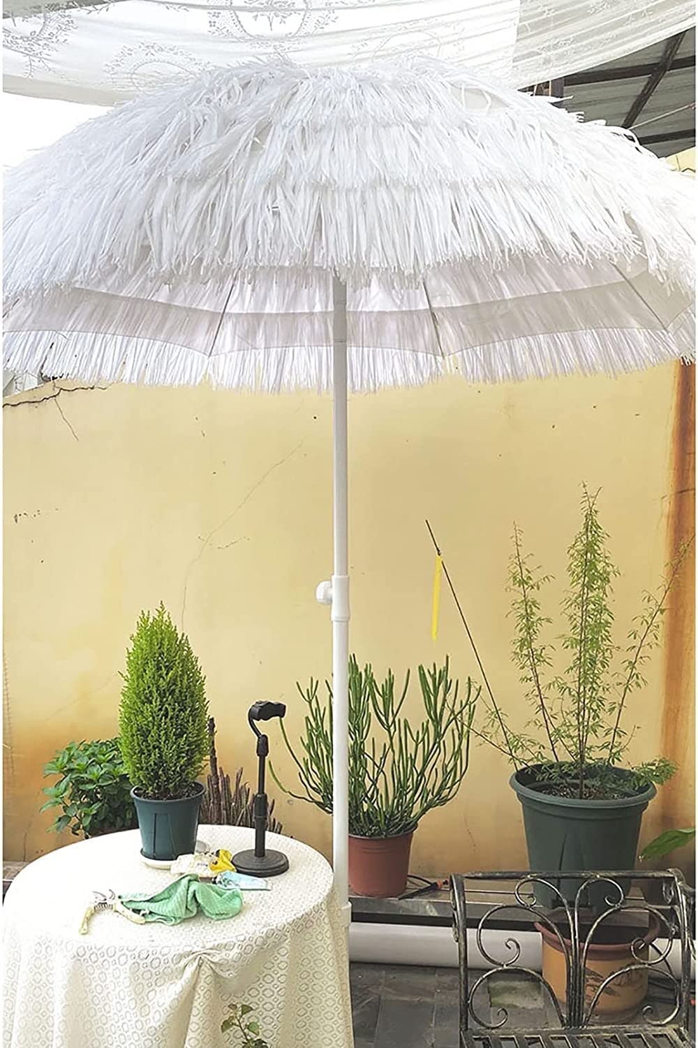 Parasol Parasol ze Sztucznej Słomy Bez Podstawy 1.8m Biały Parasol Plażowy Parasol Ogrodowy Parasol Powierzchnia Łuku Długość 2m 32mm Słupek Od Parasol Możliwość Pochylenia 45° Regulacja Wysokości