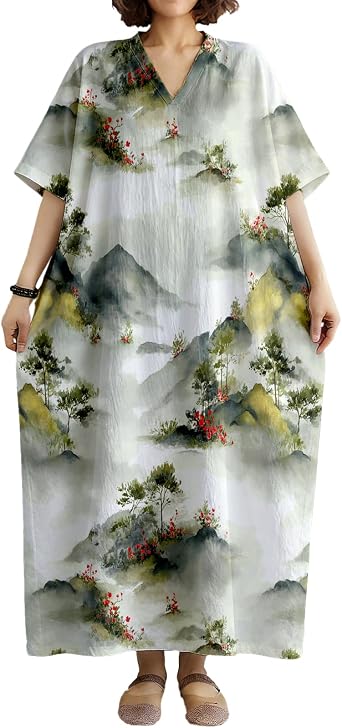 Vintage Casual Dresses for Women Japanese Art Print V Neck Short Sleeve Breathable Summer Linen Vacation Maxi Dress