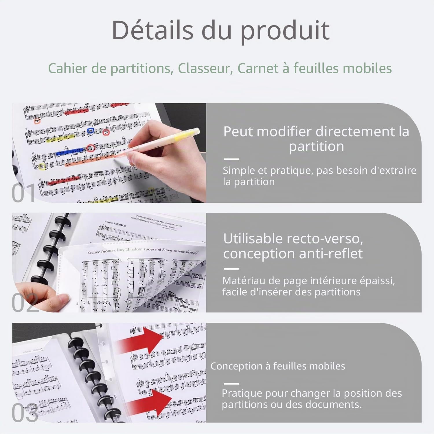 Classeur à partitions A4 Music Sheet Chorale, 60 pages, étanche, pour piano, guitare, violon, dossier de projet de musique, pour musiciens, dossiers à onglets, dossier double face, noir